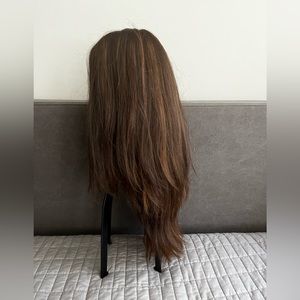 Brunette human hair wig with silk top. Gorgeous caramel highlights.